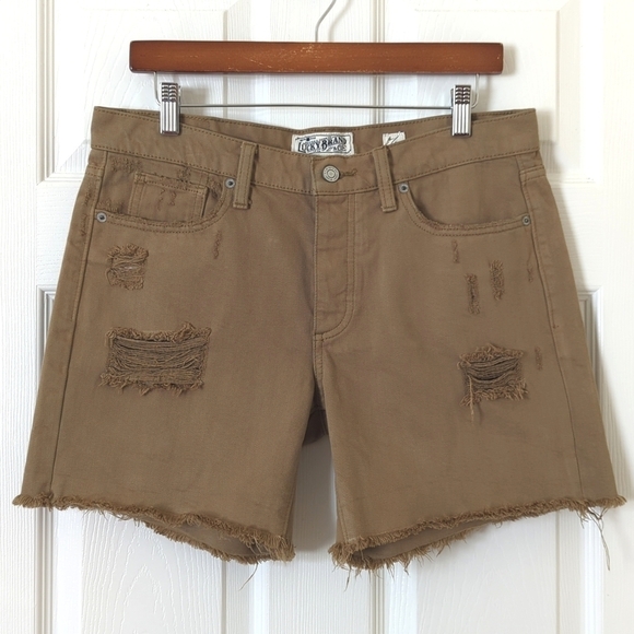 Lucky Brand Distressed Mid Rise Cut Off Button Fly Boyfriend Shorts Brown 4/27 - Picture 1 of 12